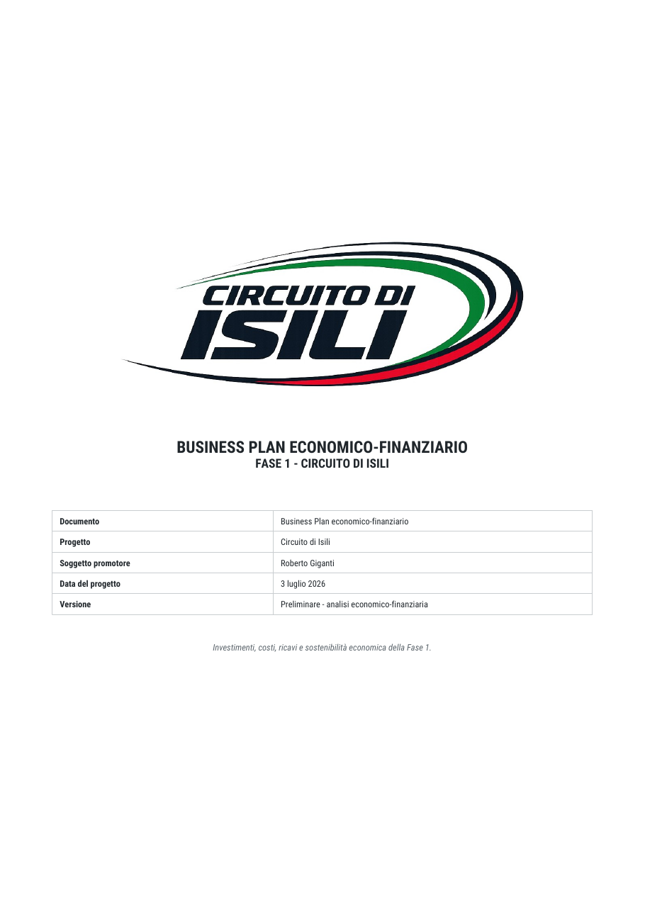 Copertina del piano economico-finanziario del Circuito di Isili