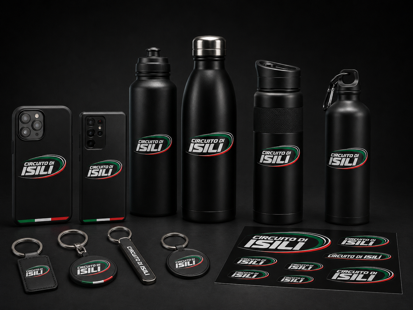 Accessori brandizzati del Circuito di Isili con cover per telefono, borracce, portachiavi e sticker