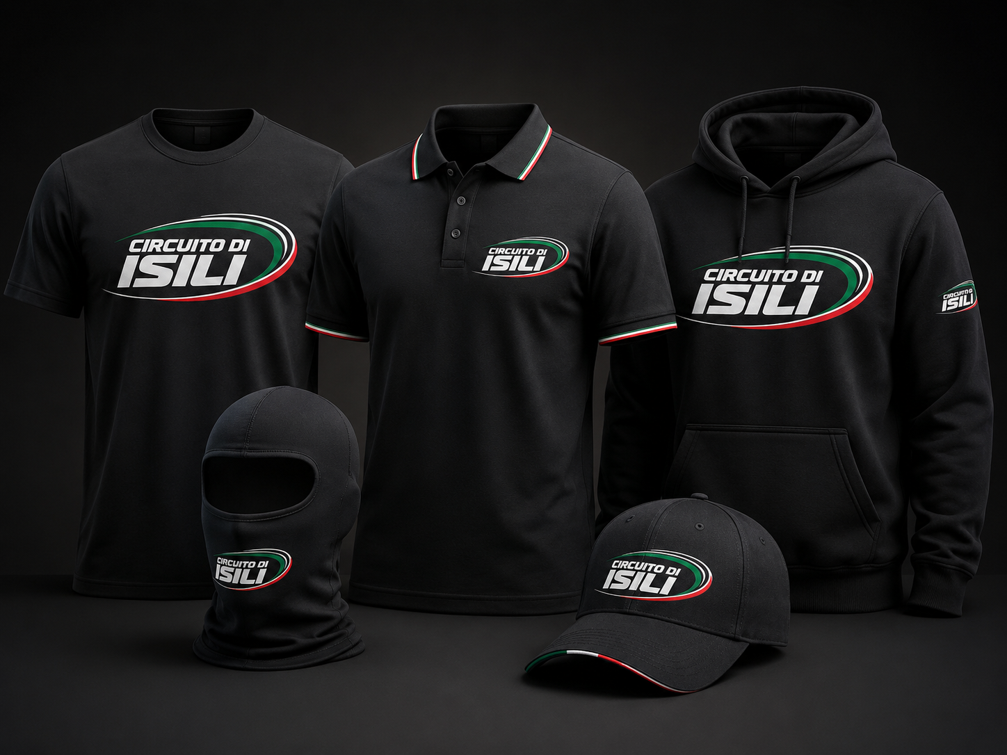 Abbigliamento brandizzato del Circuito di Isili con maglietta, polo, felpa, sottocasco e cappellino